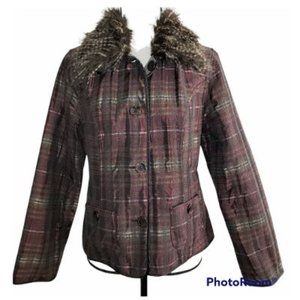 CHICO'S - Purple Plaid Faux Fur Feather Jacket Size 4